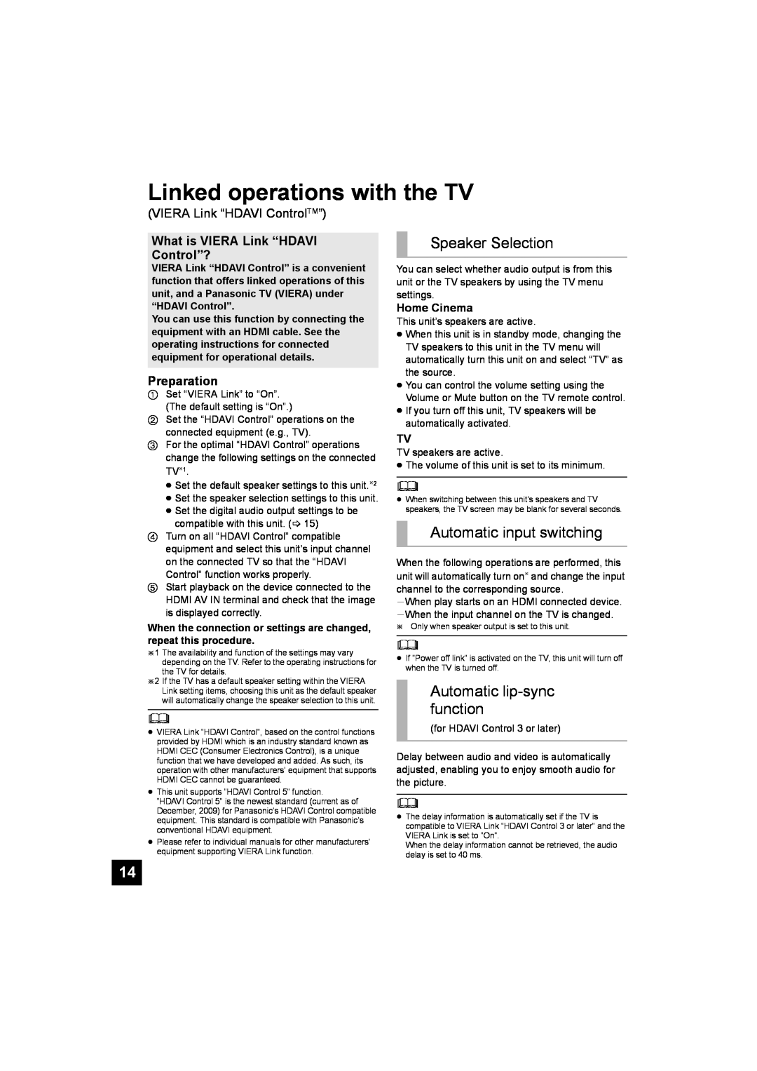 Panasonic SC-HTB10 Linked operations with the TV, Speaker Selection, Automatic input switching, Automatic lip-syncfunction 