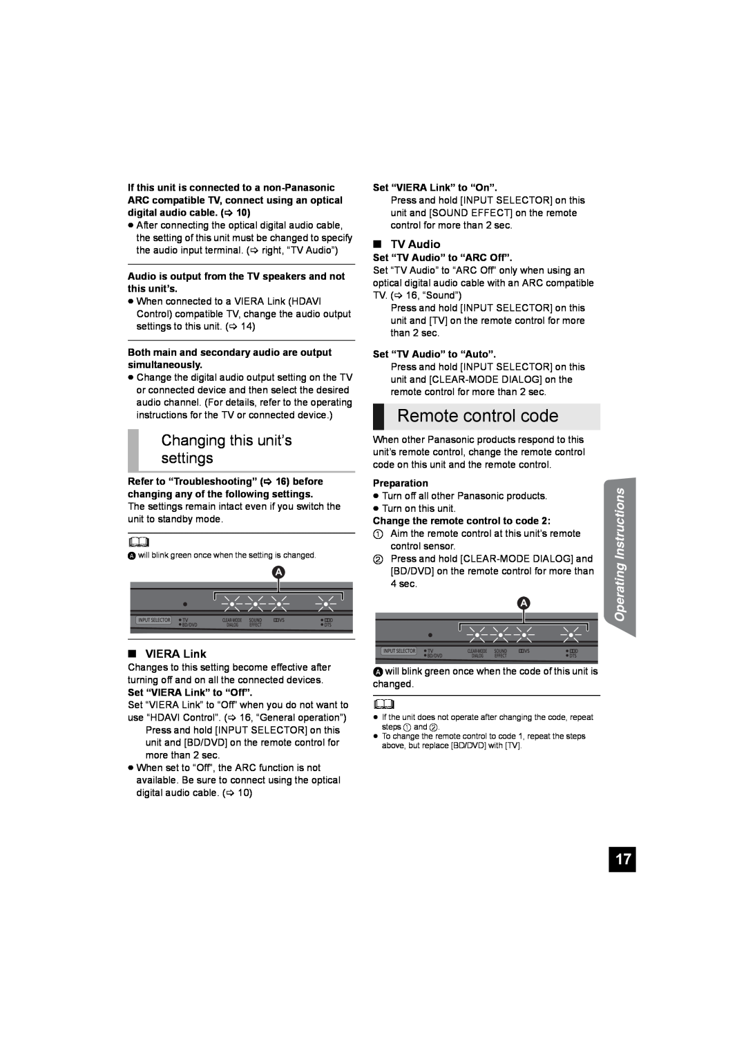 Panasonic SC-HTB10 Remote control code, Changing this unit’s settings, Operating Instructions, VIERA Link, TV Audio 