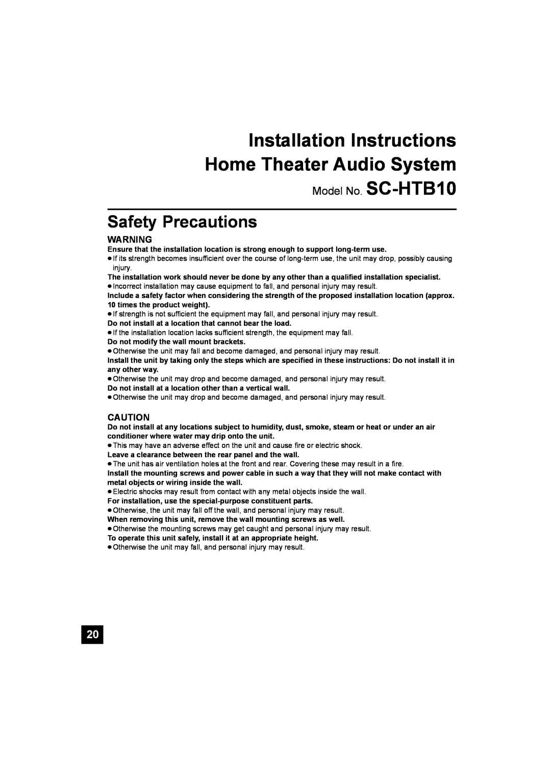 Panasonic Safety Precautions, Installation Instructions, Home Theater Audio System, Model No. SC-HTB10 