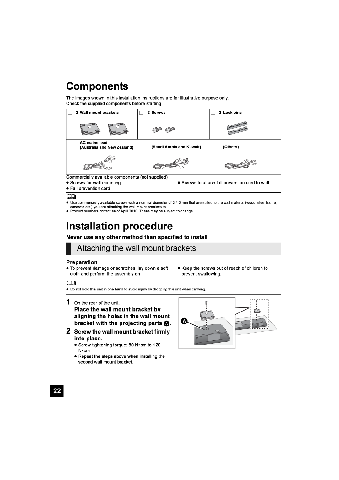 Panasonic SC-HTB10 operating instructions Components, Installation procedure, Attaching the wall mount brackets 