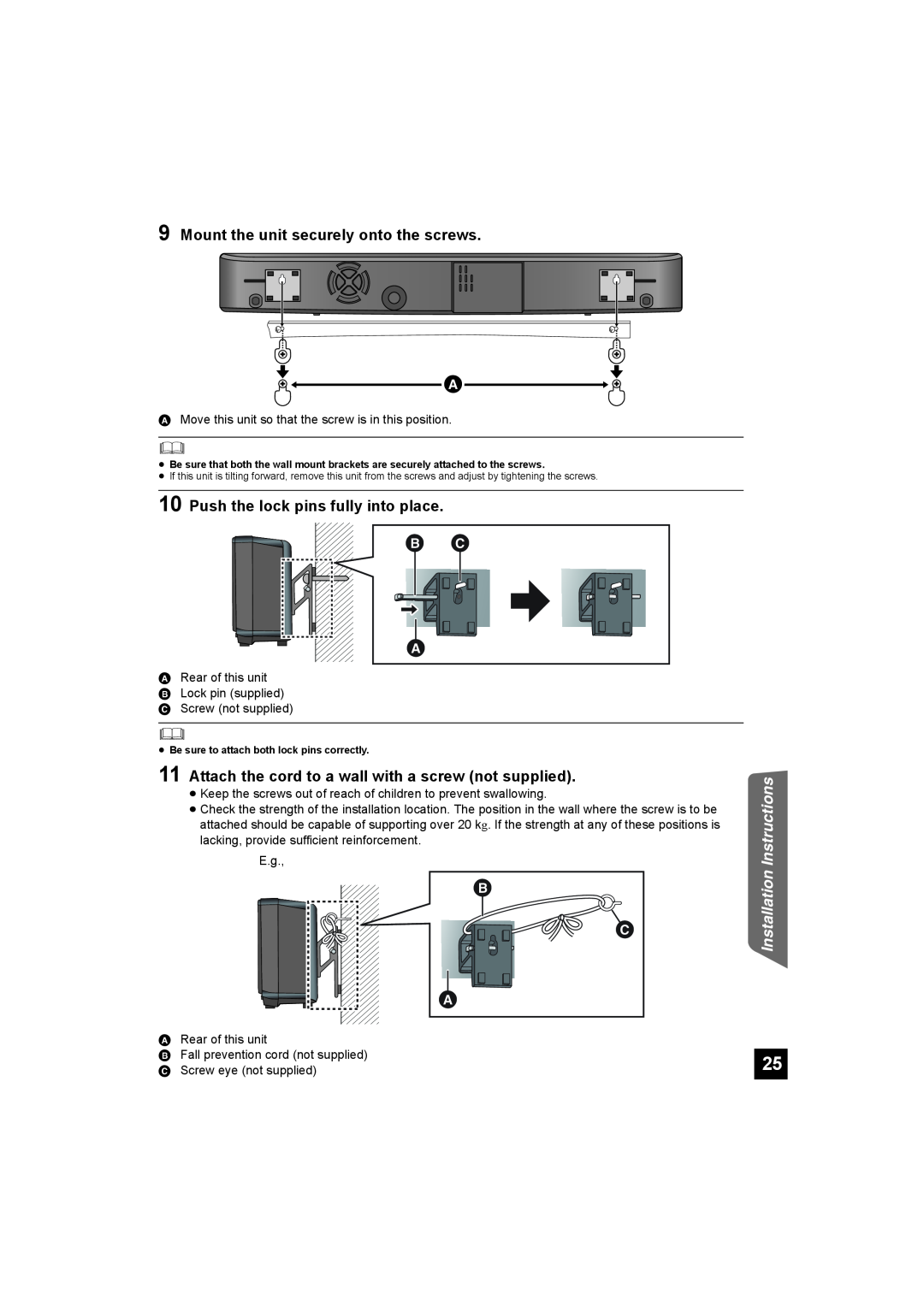 Panasonic SC-HTB10 operating instructions   , Installation Instructions, Mount the unit securely onto the screws 