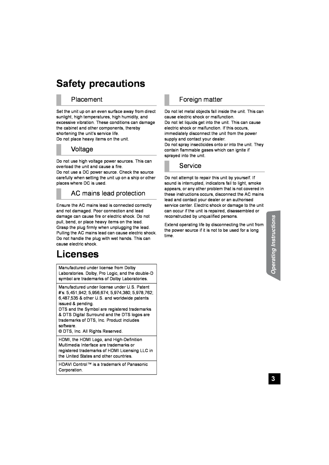 Panasonic SC-HTB10 Safety precautions, Licenses, Placement, Voltage, AC mains lead protection, Foreign matter, Service 