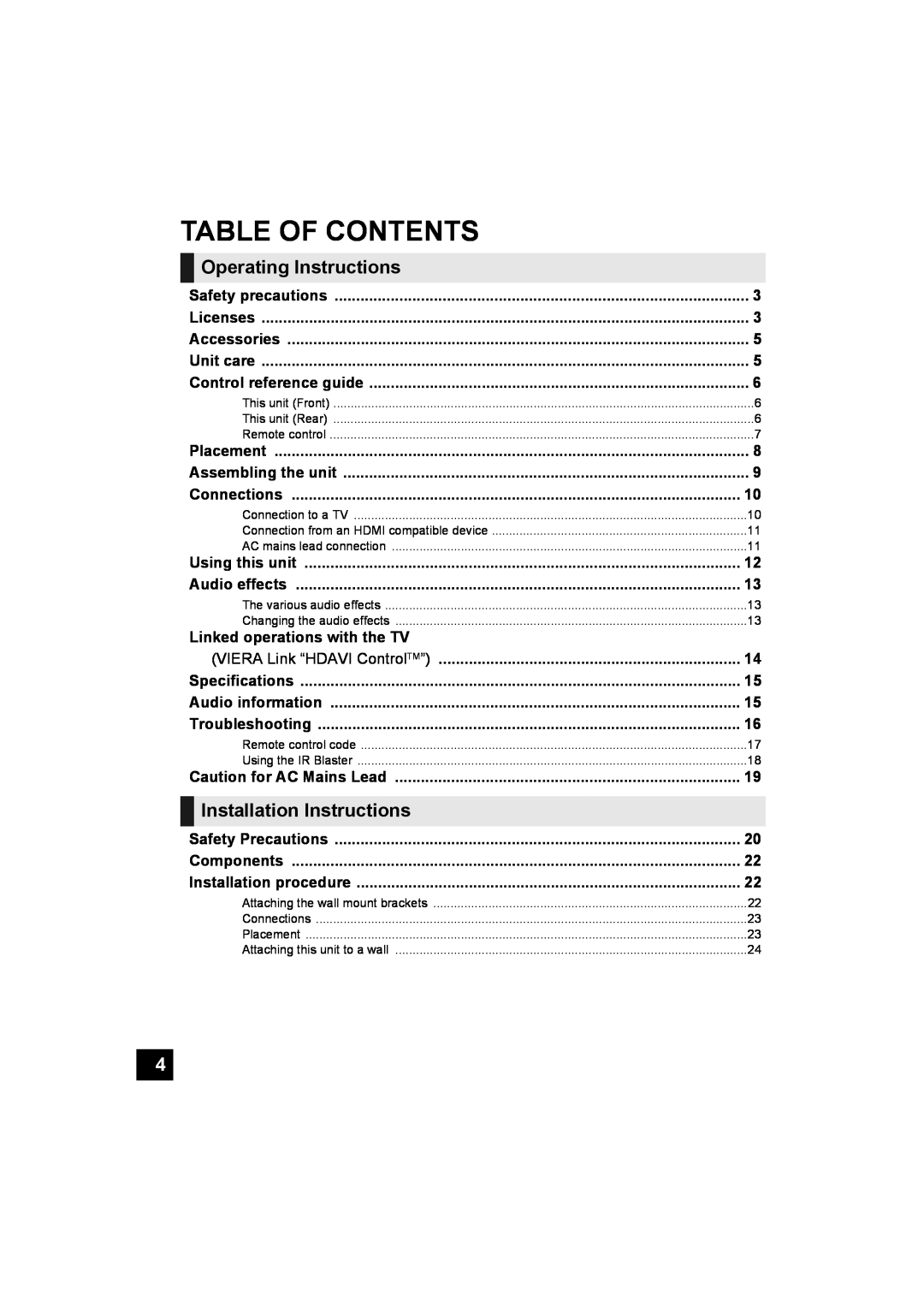 Panasonic SC-HTB10 operating instructions Table Of Contents, Operating Instructions, Installation Instructions 