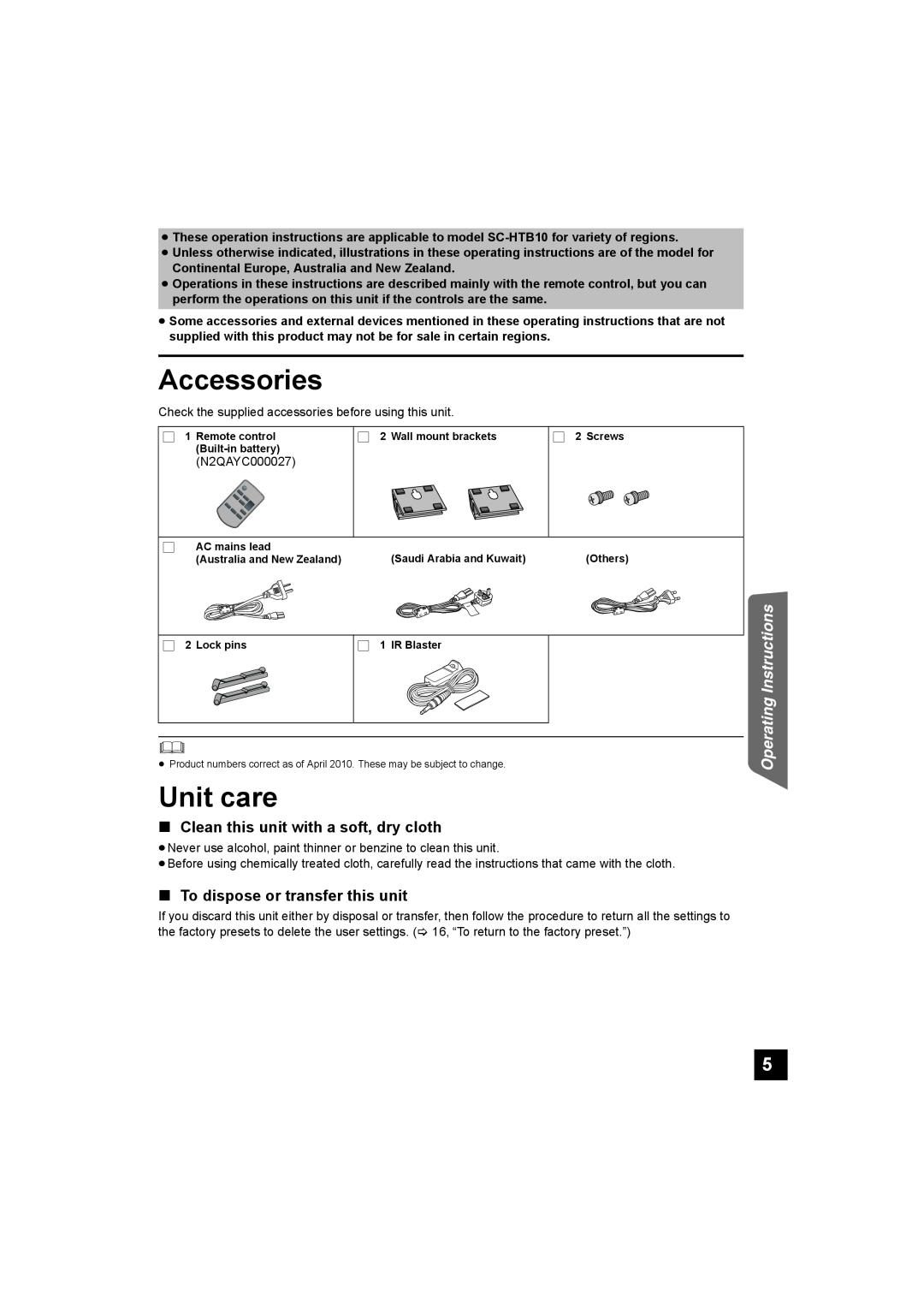 Panasonic SC-HTB10 Accessories, Unit care, Clean this unit with a soft, dry cloth, To dispose or transfer this unit 