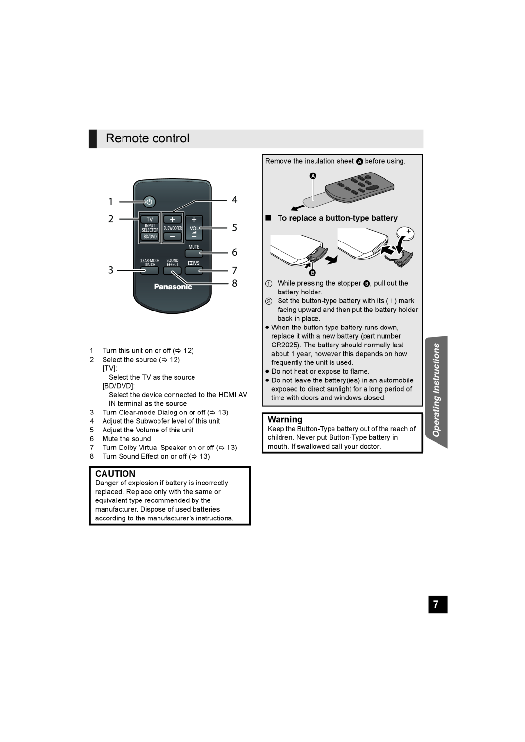 Panasonic SC-HTB10 operating instructions Remote control, Operating Instructions, To replace a button-typebattery 