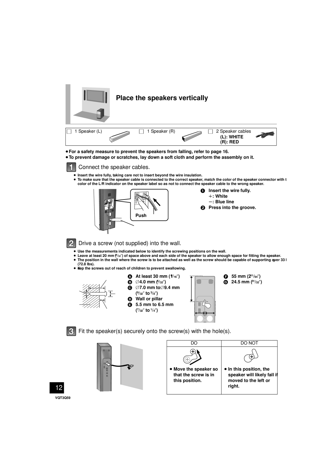 Panasonic SC-HTB15 owner manual Place the speakers vertically, Fit the speakers securely onto the screws with the holes 