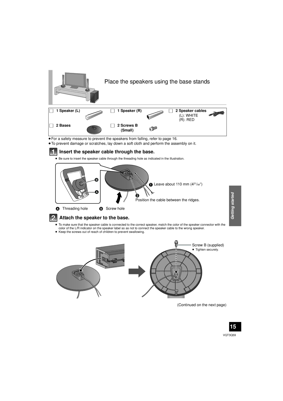 Panasonic SC-HTB15 owner manual Place the speakers using the base stands, Insert the speaker cable through the base 