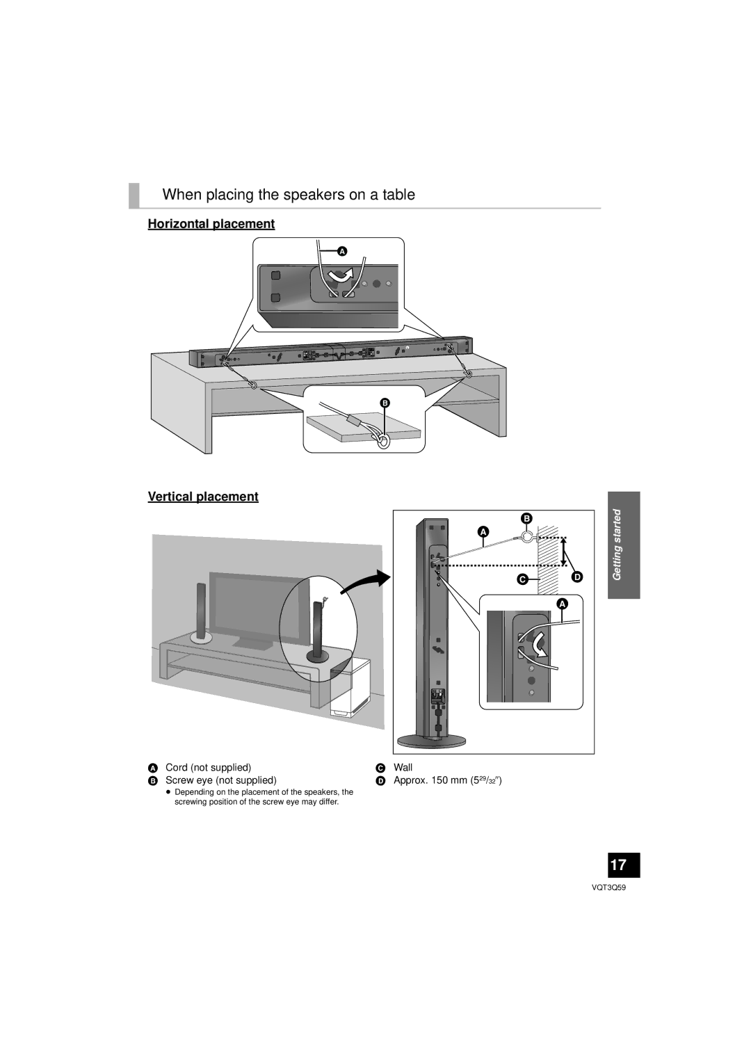 Panasonic SC-HTB15 owner manual When placing the speakers on a table, Horizontal placement Vertical placement   