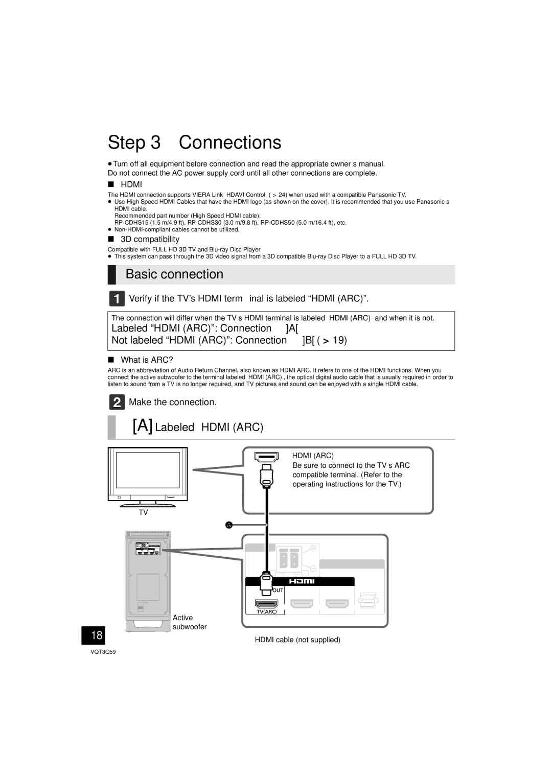 Panasonic SC-HTB15 Connections, Basic connection, Labeled Hdmi ARC, Verify if the TV’s Hdmi terminal is labeled Hdmi ARC 