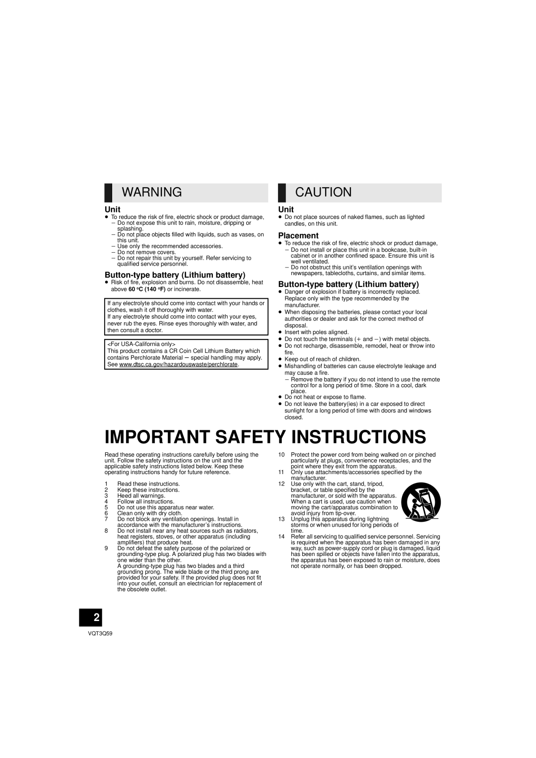 Panasonic SC-HTB15 owner manual Unit, Button-type battery Lithium battery, Placement 