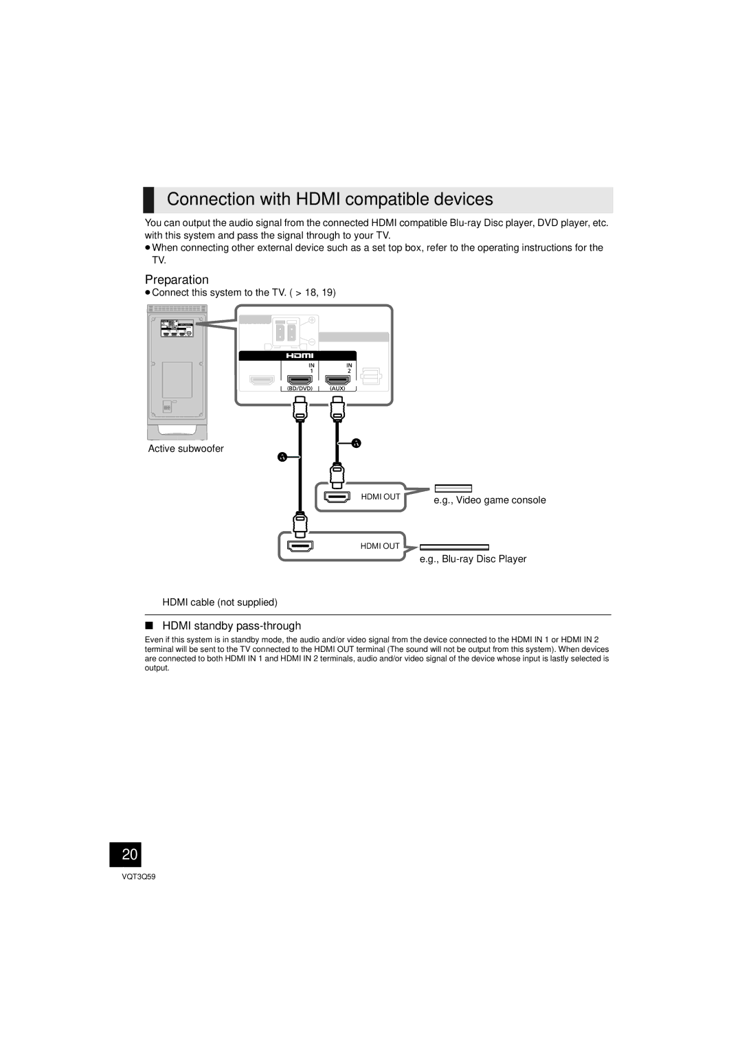 Panasonic SC-HTB15 Connection with Hdmi compatible devices, Preparation, Hdmi standby pass-through, Blu-ray Disc Player 