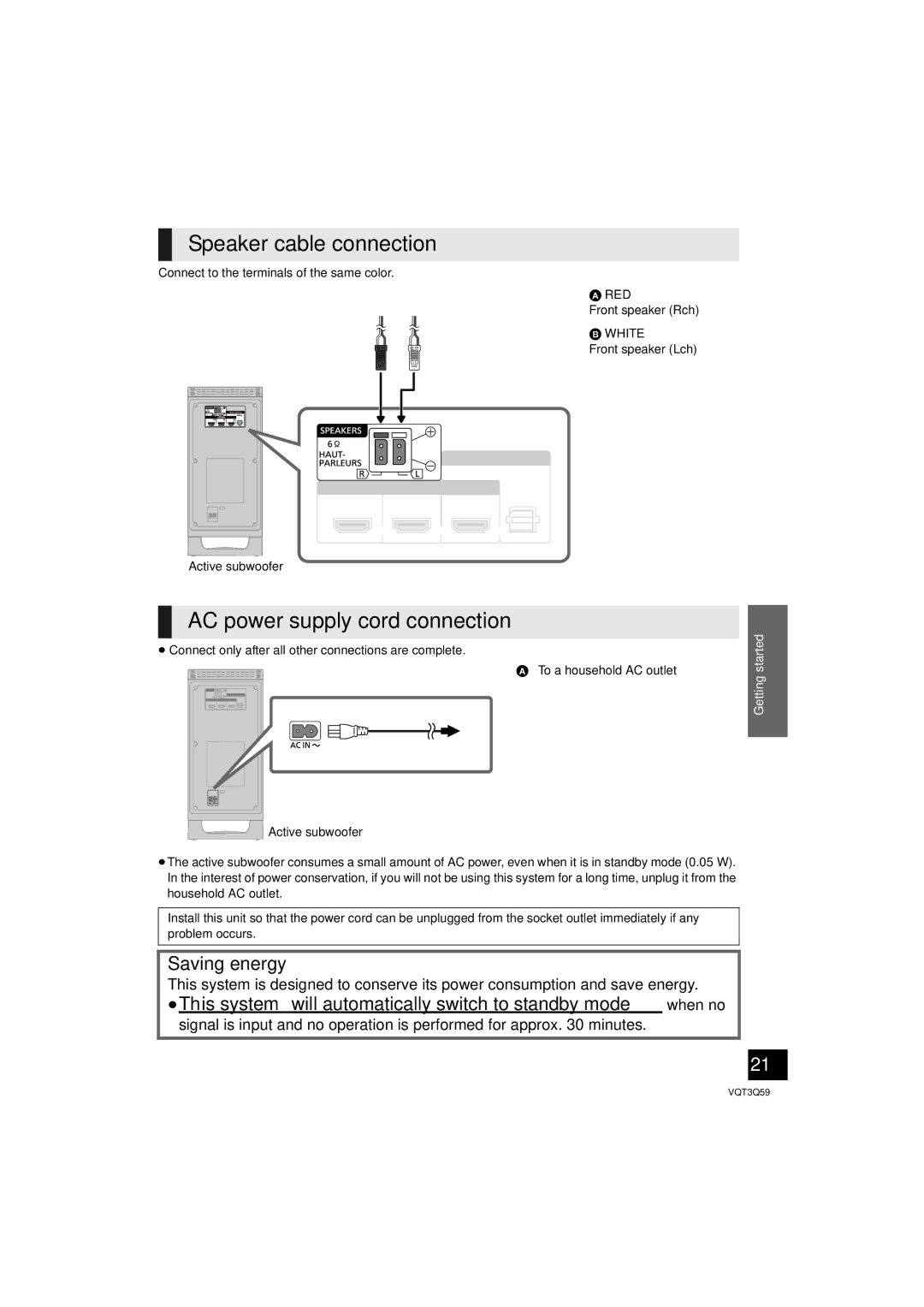 Panasonic SC-HTB15 owner manual Speaker cable connection, AC power supply cord connection, Red 