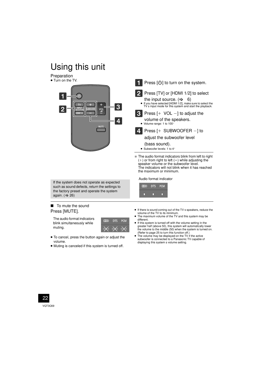 Panasonic SC-HTB15 Using this unit, Press i VOL j to adjust the volume of the speakers, Press Mute, To mute the sound 