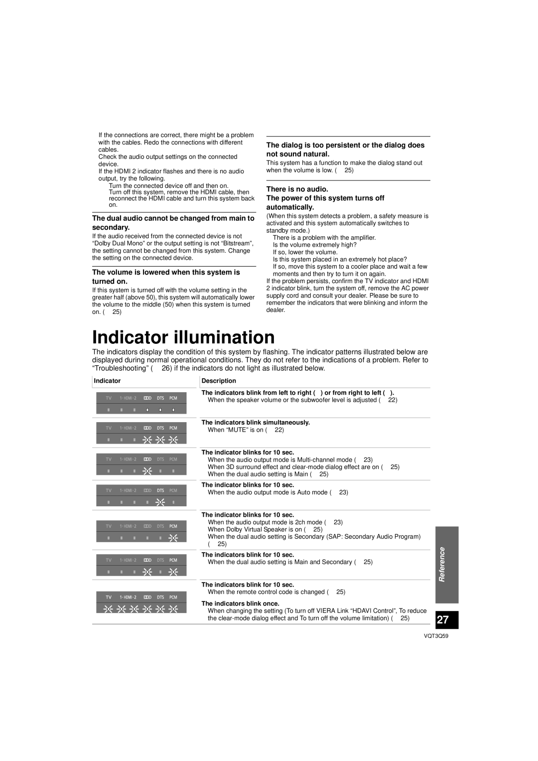 Panasonic SC-HTB15 owner manual Indicator illumination, Dual audio cannot be changed from main to secondary 