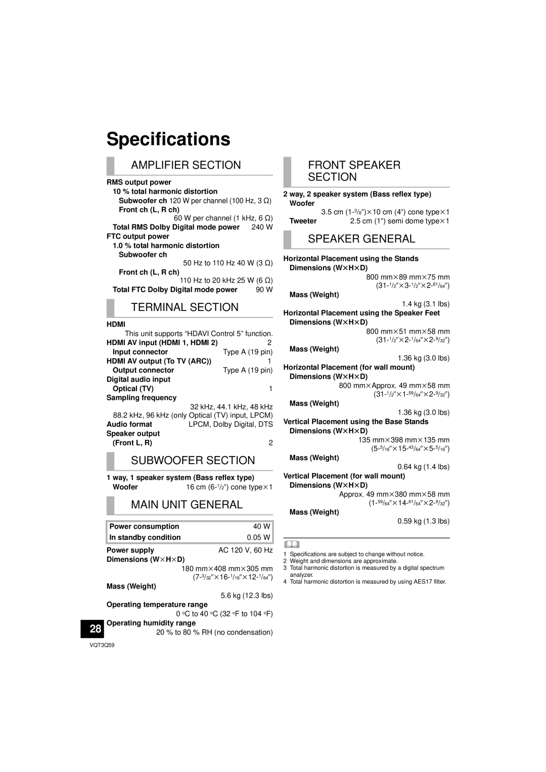 Panasonic SC-HTB15 owner manual Specifications, Hdmi 