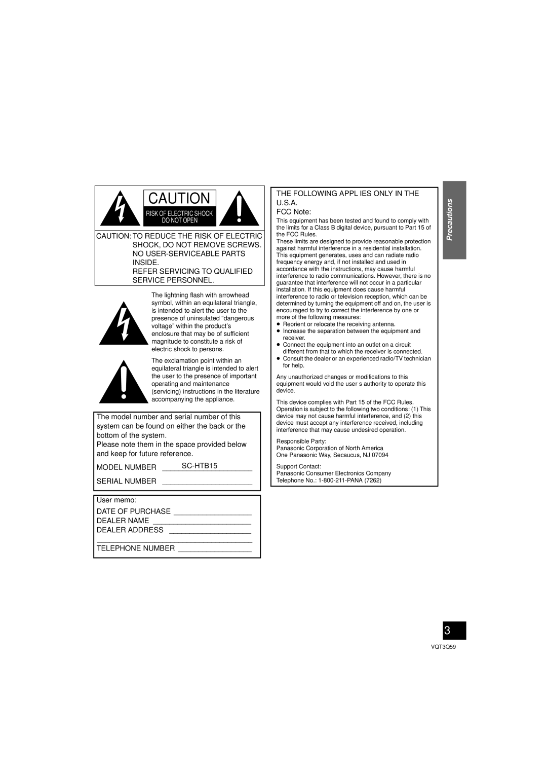 Panasonic SC-HTB15 owner manual Following Applies only in the U.S.A, FCC Note 