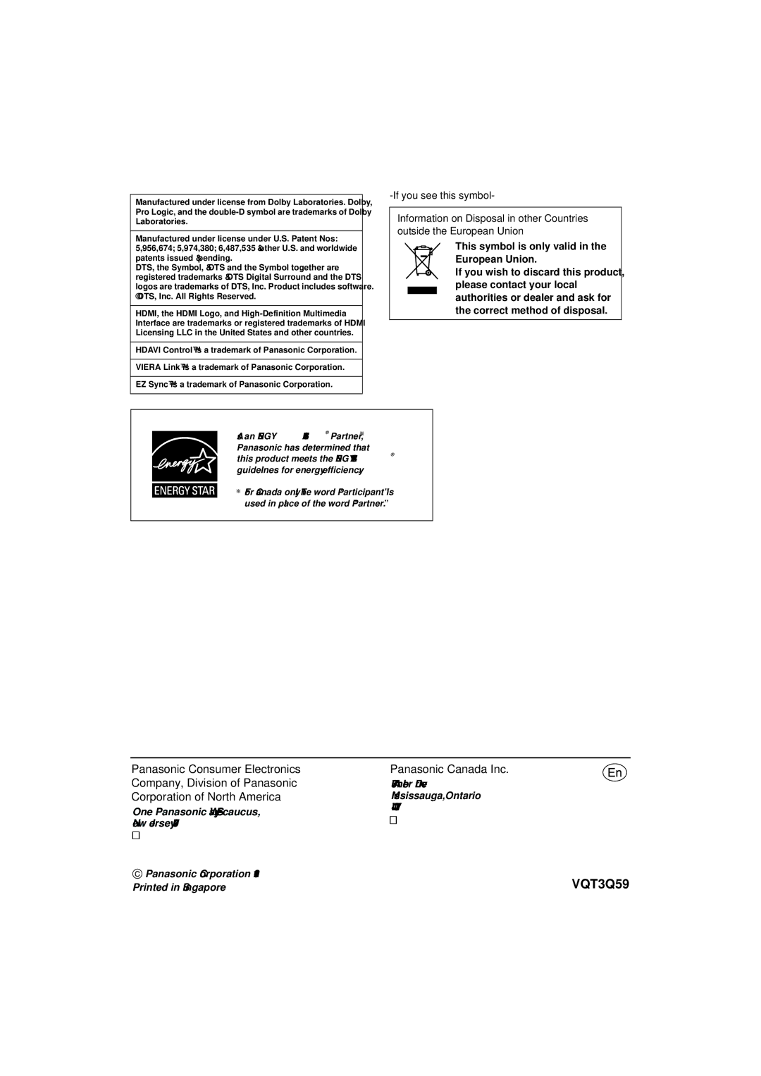 Panasonic SC-HTB15 owner manual Corporation of North America 