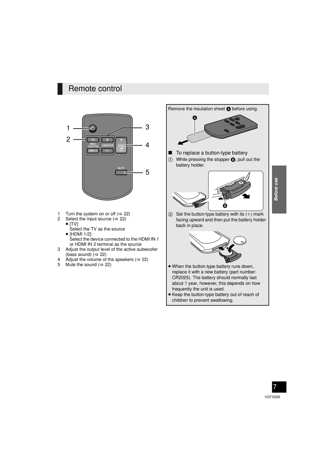 Panasonic SC-HTB15 owner manual Remote control, To replace a button-type battery 