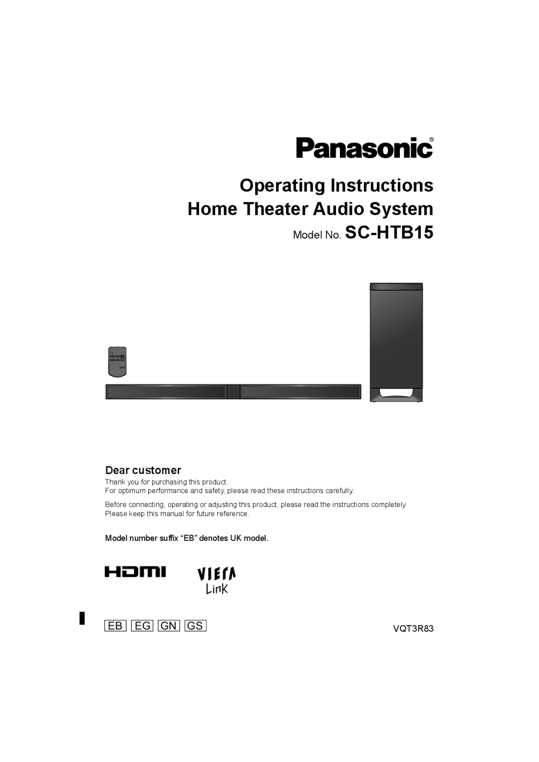 Panasonic operating instructions Model No. SC-HTB15, Eb Eg Gn Gs 