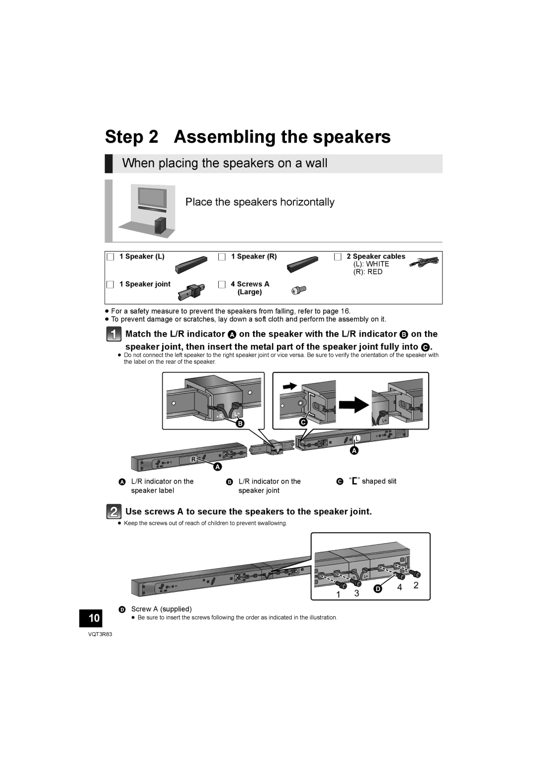 Panasonic SC-HTB15 Assembling the speakers, When placing the speakers on a wall, Place the speakers horizontally 