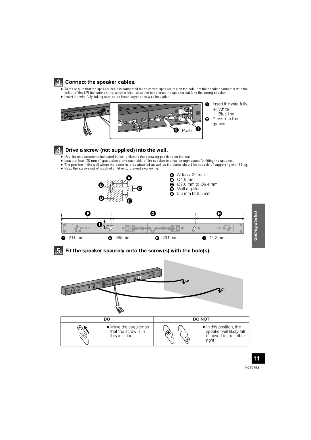 Panasonic SC-HTB15 Connect the speaker cables, Drive a screw not supplied into the wall, 211 mm 388 mm 201 mm 14.3 mm 