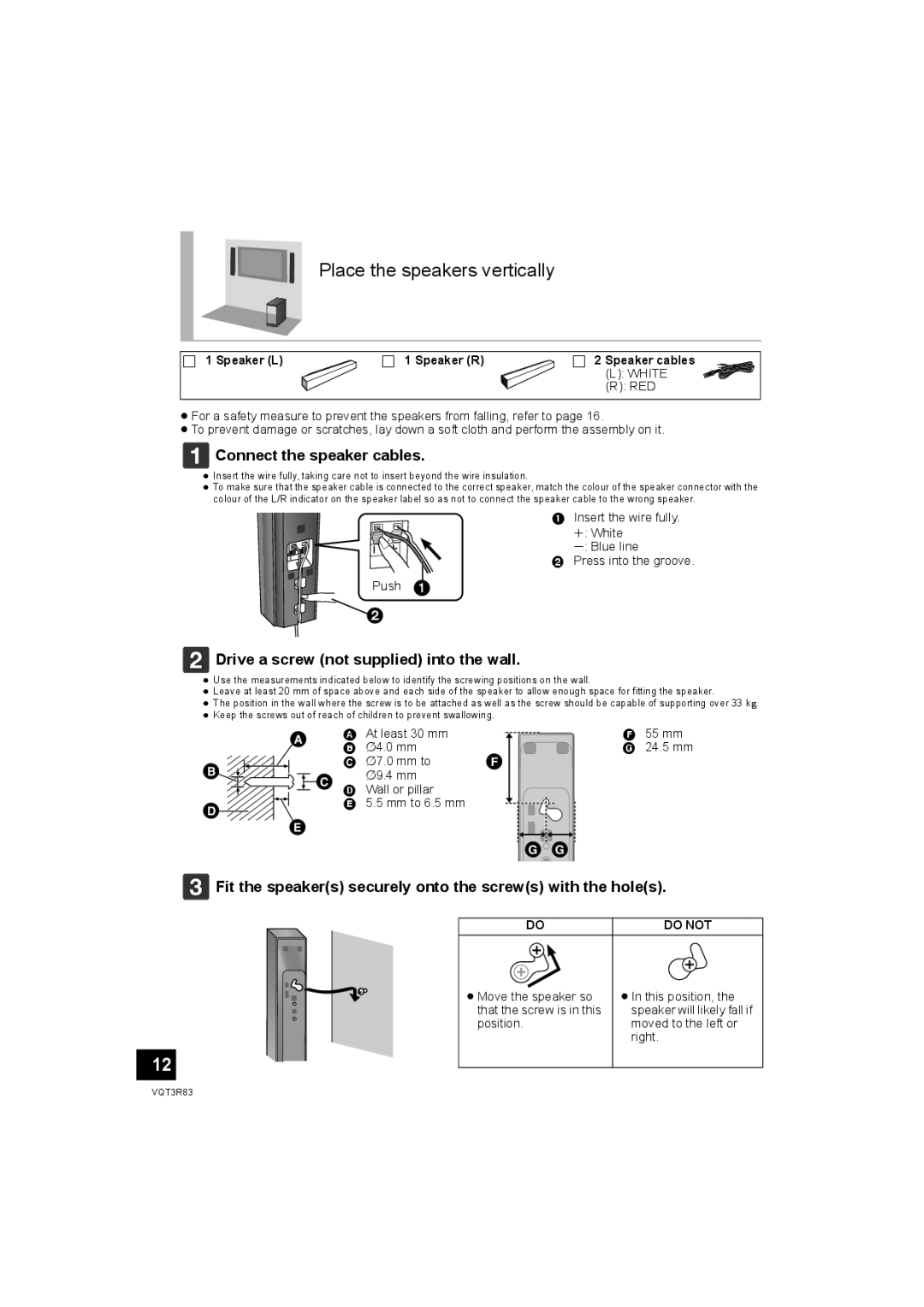 Panasonic SC-HTB15 Place the speakers vertically, Fit the speakers securely onto the screws with the holes 