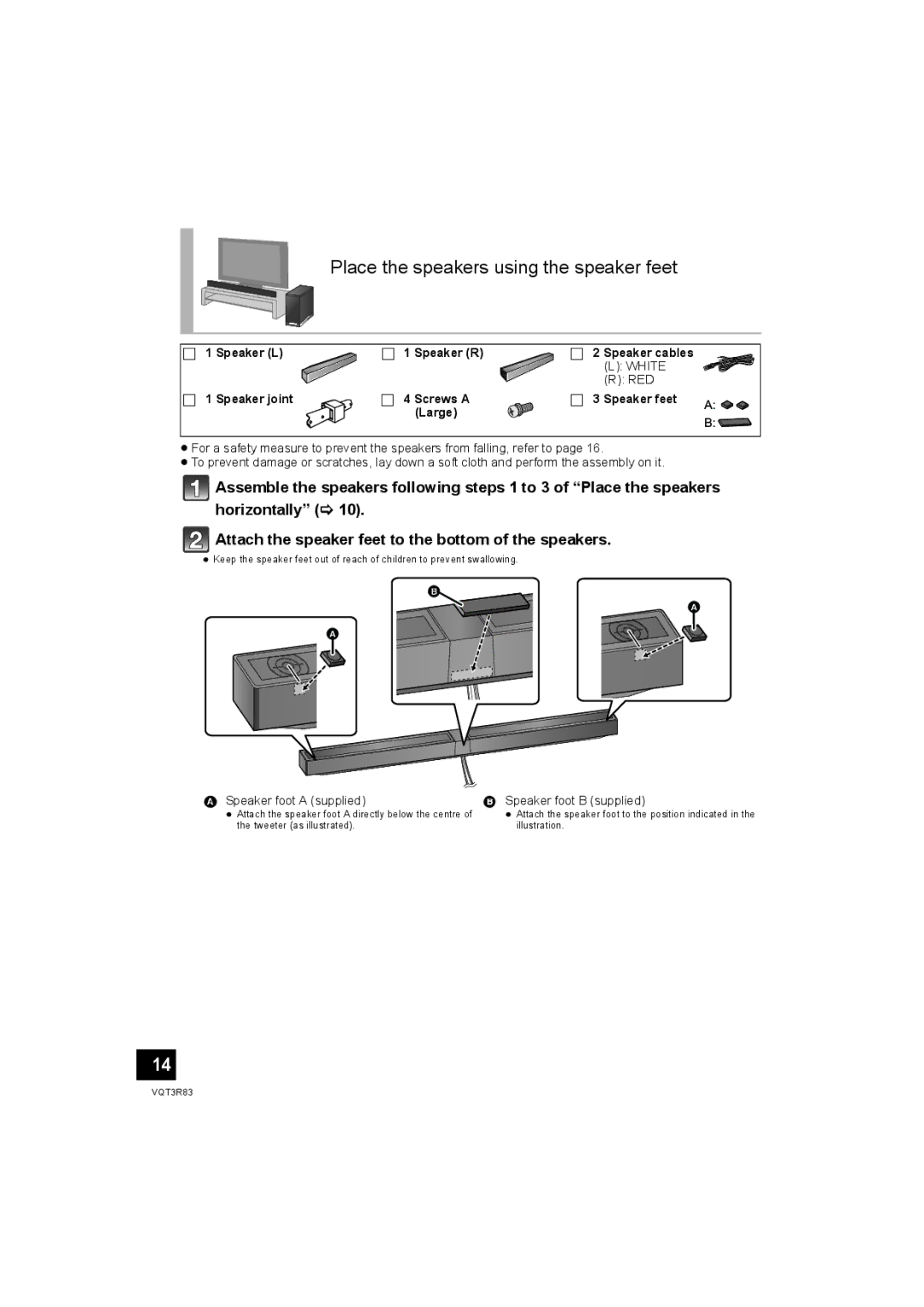 Panasonic SC-HTB15 operating instructions Place the speakers using the speaker feet, Speaker L Speaker R Speaker cables 