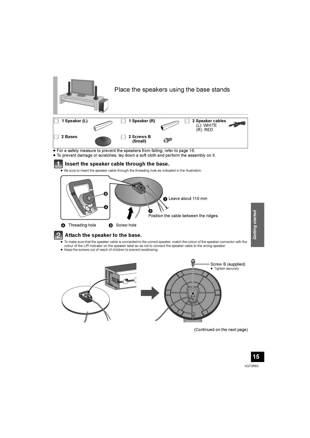 Panasonic SC-HTB15 Place the speakers using the base stands, Insert the speaker cable through the base 