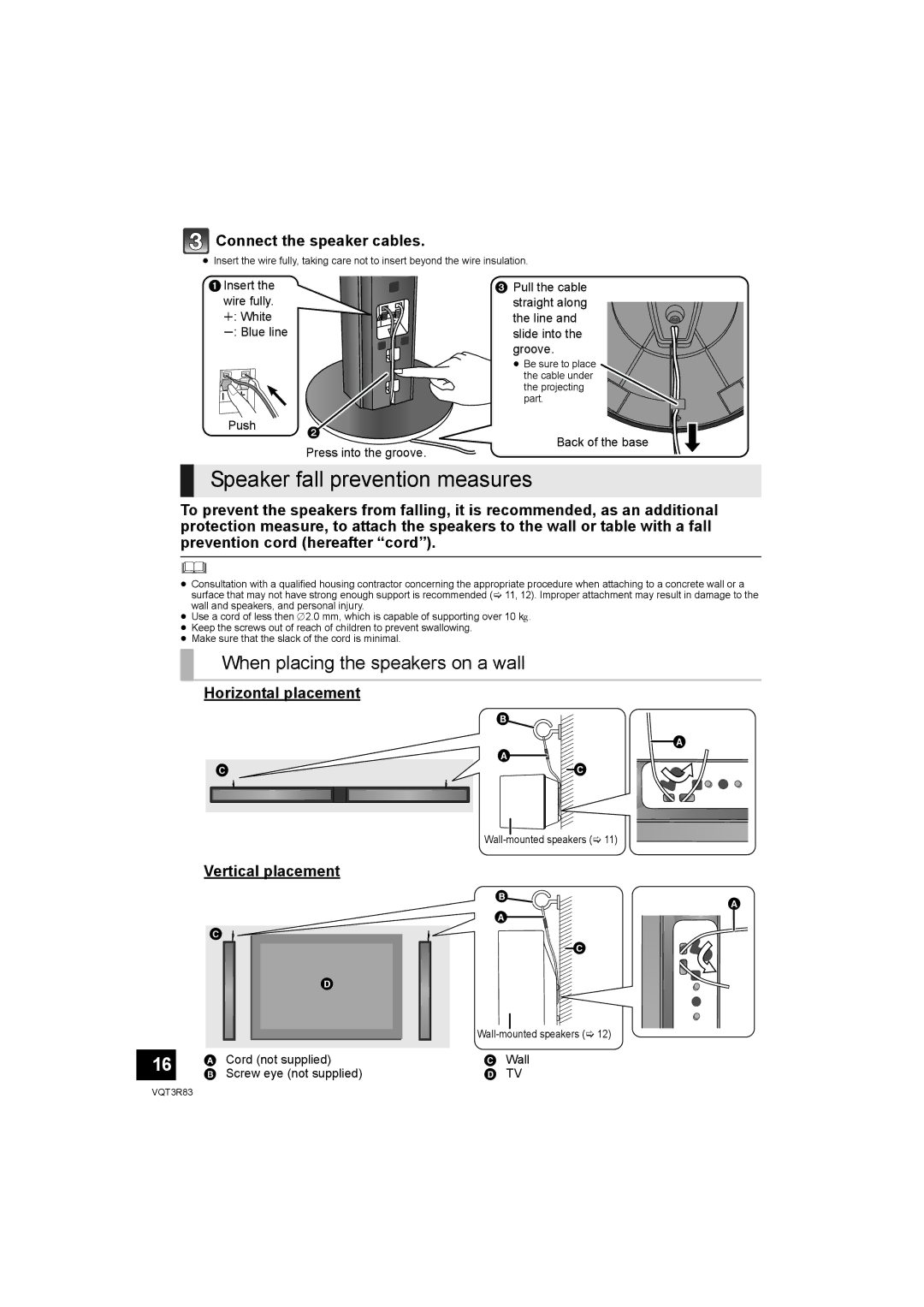 Panasonic SC-HTB15 Speaker fall prevention measures, When placing the speakers on a wall, Horizontal placement 