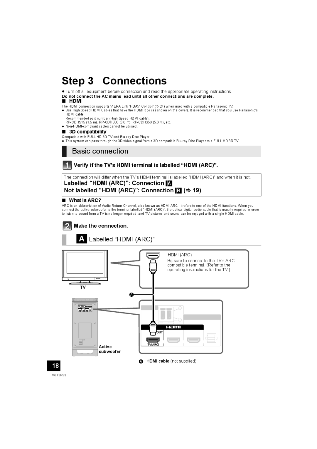 Panasonic SC-HTB15 Connections, Basic connection, Labelled Hdmi ARC, Verify if the TV’s Hdmi terminal is labelled Hdmi ARC 