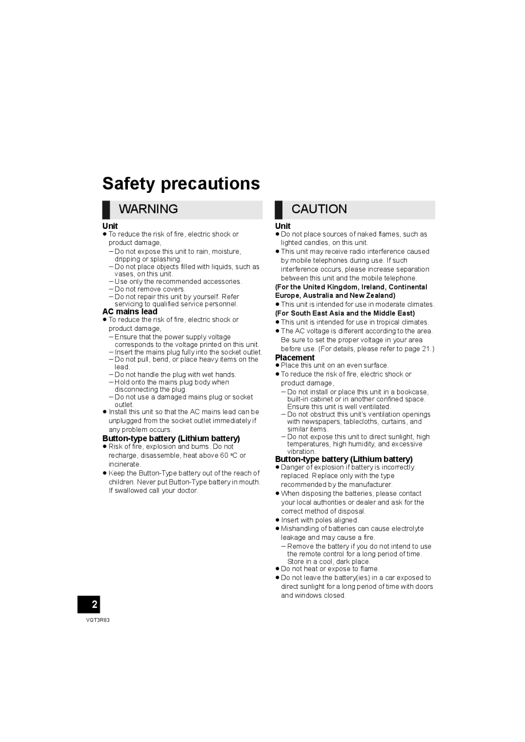 Panasonic SC-HTB15 Safety precautions, Unit, AC mains lead, Button-type battery Lithium battery, Placement 