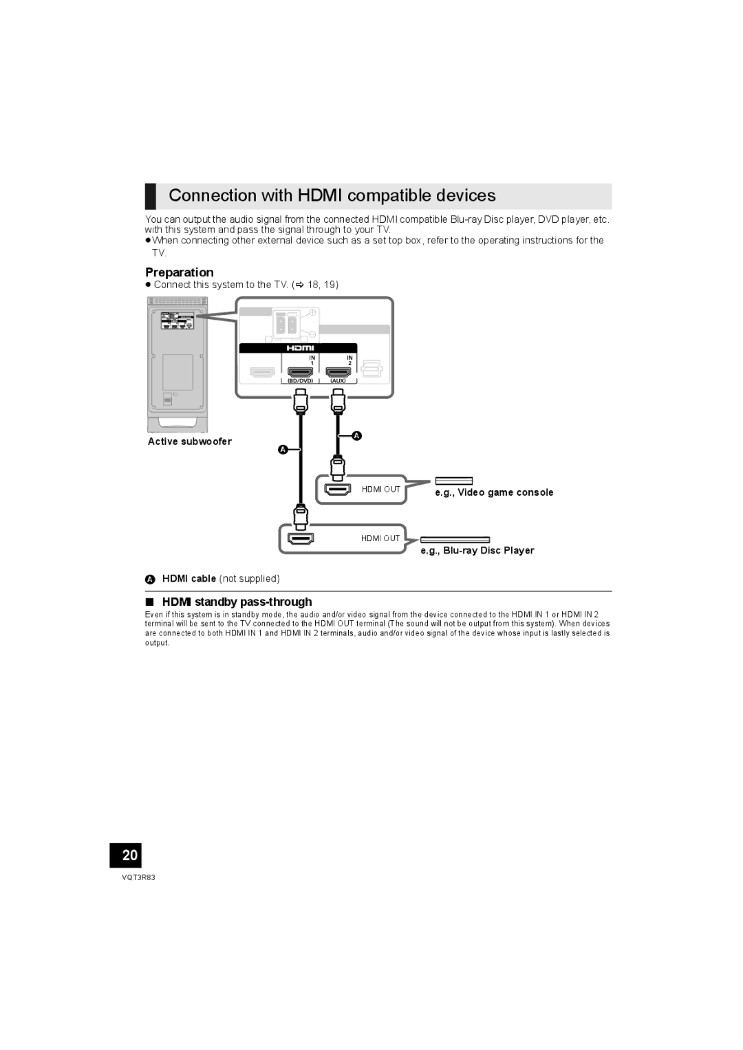 Panasonic SC-HTB15 Connection with Hdmi compatible devices, Preparation, Hdmi standby pass-through, Blu-ray Disc Player 