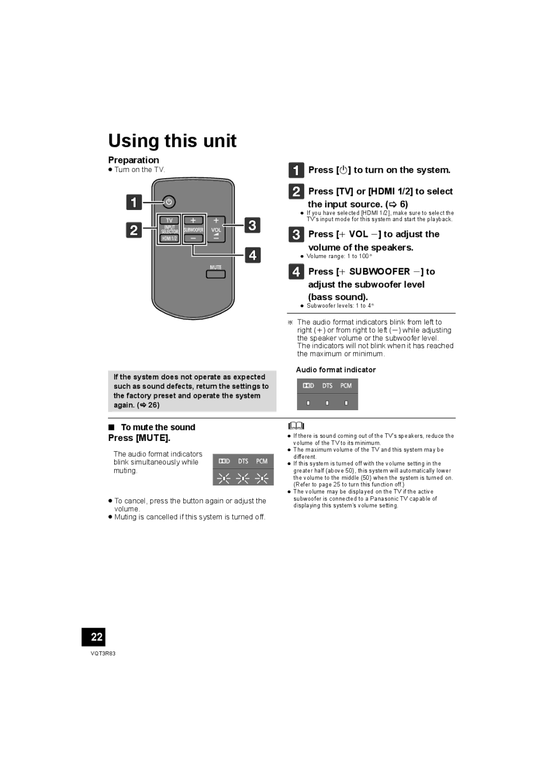 Panasonic SC-HTB15 Using this unit, Press i VOL j to adjust the volume of the speakers, Press Mute, To mute the sound 