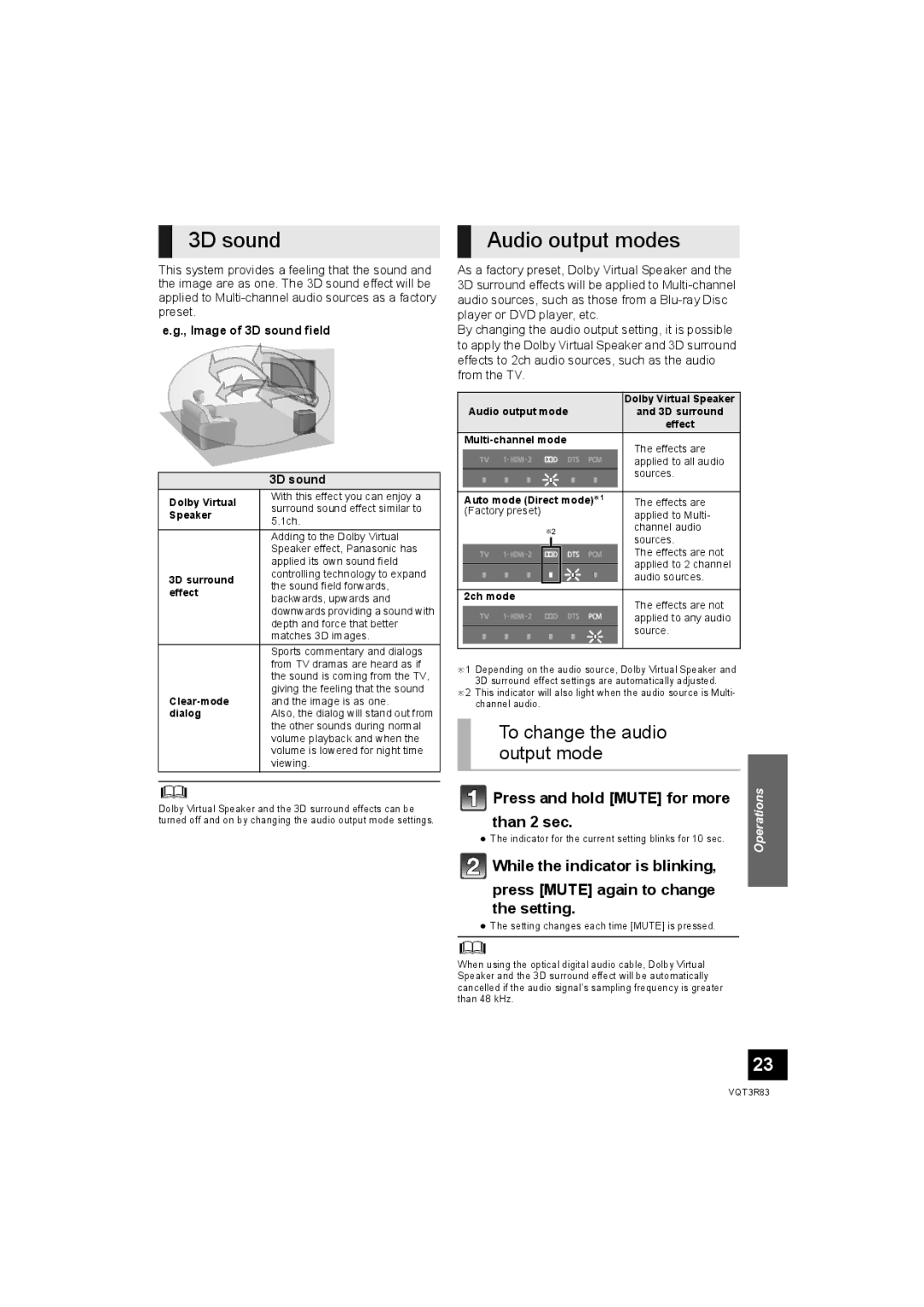 Panasonic SC-HTB15 3D sound, Audio output modes, To change the audio output mode, Press and hold Mute for more than 2 sec 