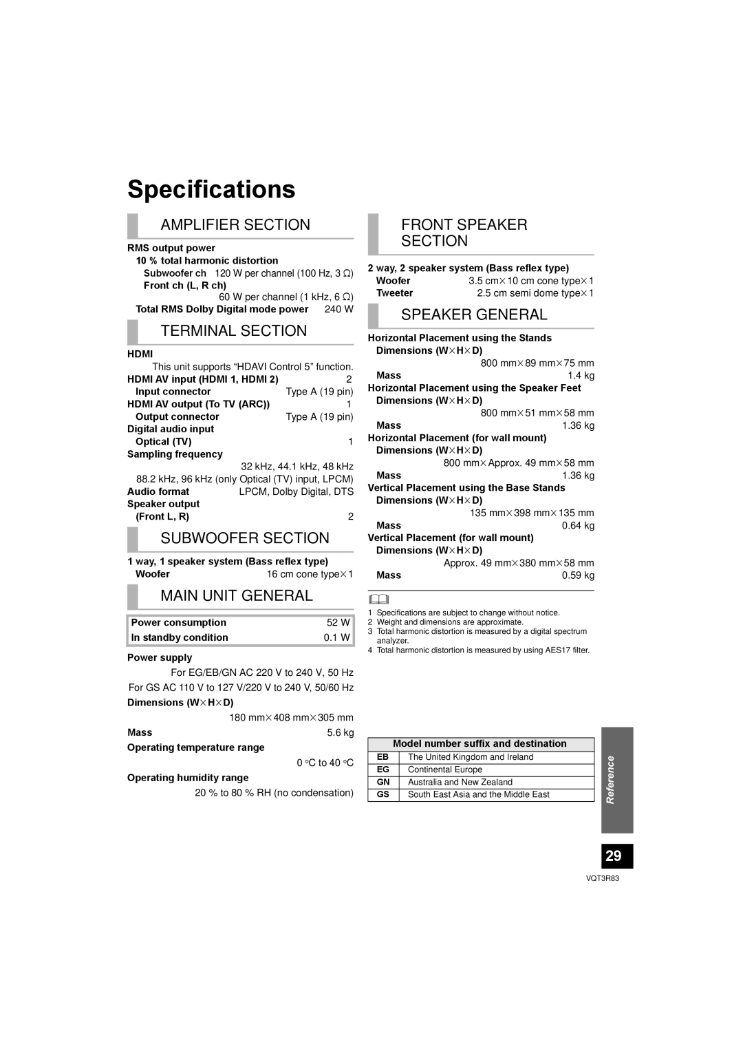 Panasonic SC-HTB15 operating instructions Specifications 