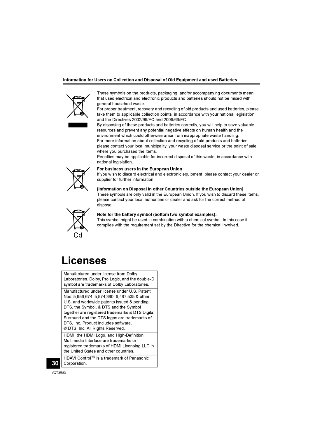 Panasonic SC-HTB15 operating instructions Licenses, For business users in the European Union 