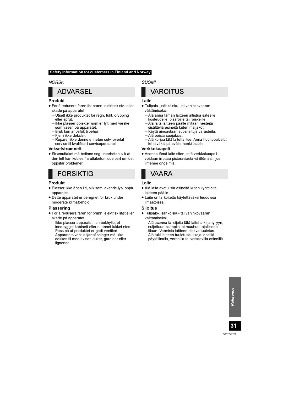 Panasonic SC-HTB15 operating instructions Produkt, Laite, Vekselstrømnett, Plassering, Verkkokaapeli, Sijoitus 