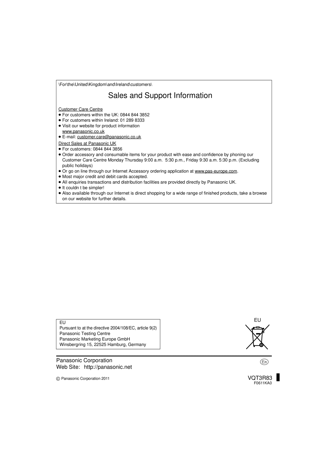 Panasonic SC-HTB15 operating instructions Sales and Support Information, For\the\United\Kingdom\and\Ireland\customers 