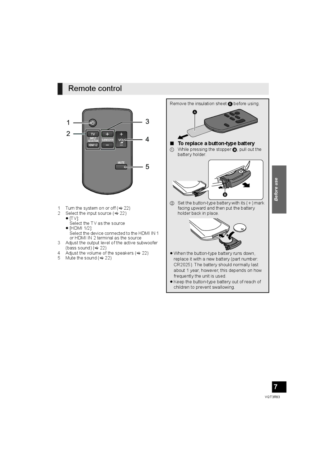 Panasonic SC-HTB15 operating instructions Remote control, To replace a button-type battery 