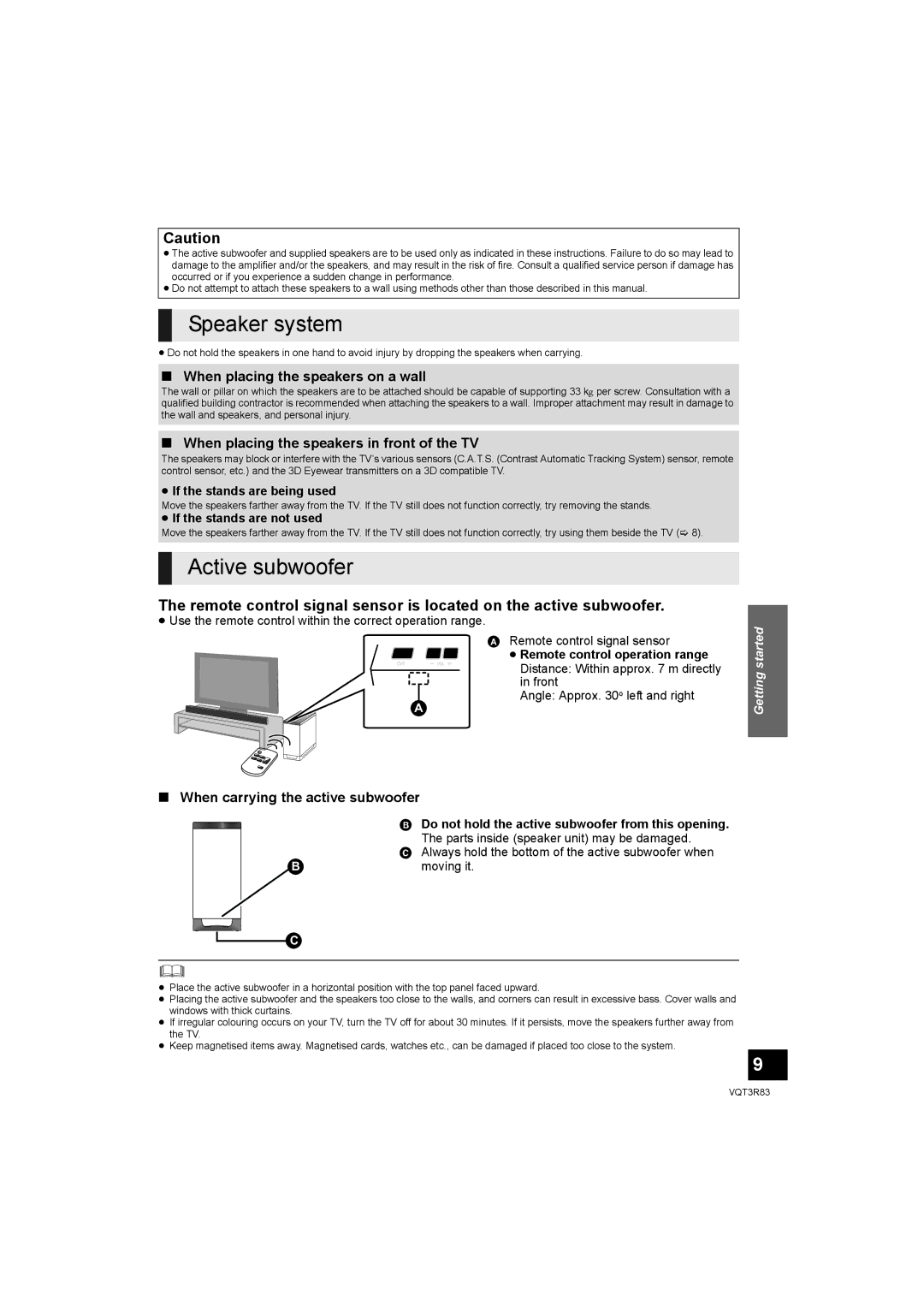 Panasonic SC-HTB15 Speaker system, When placing the speakers on a wall, When placing the speakers in front of the TV 