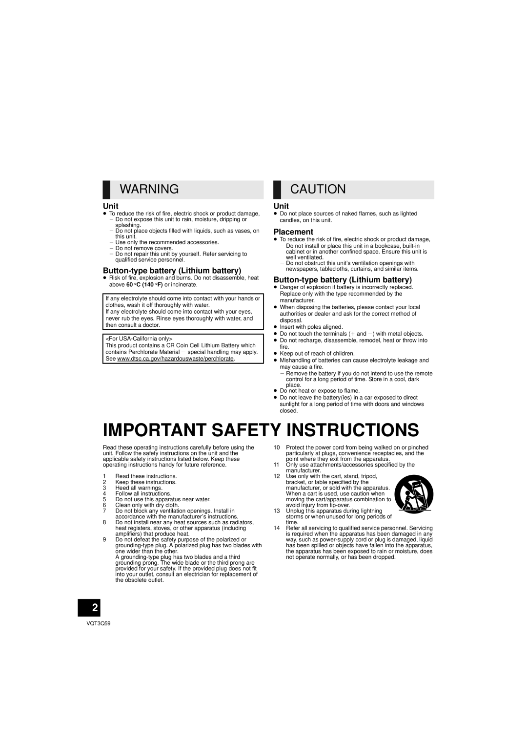 Panasonic SC-HTB15 owner manual Important Safety Instructions, Unit, Button-typebattery Lithium battery, Placement 