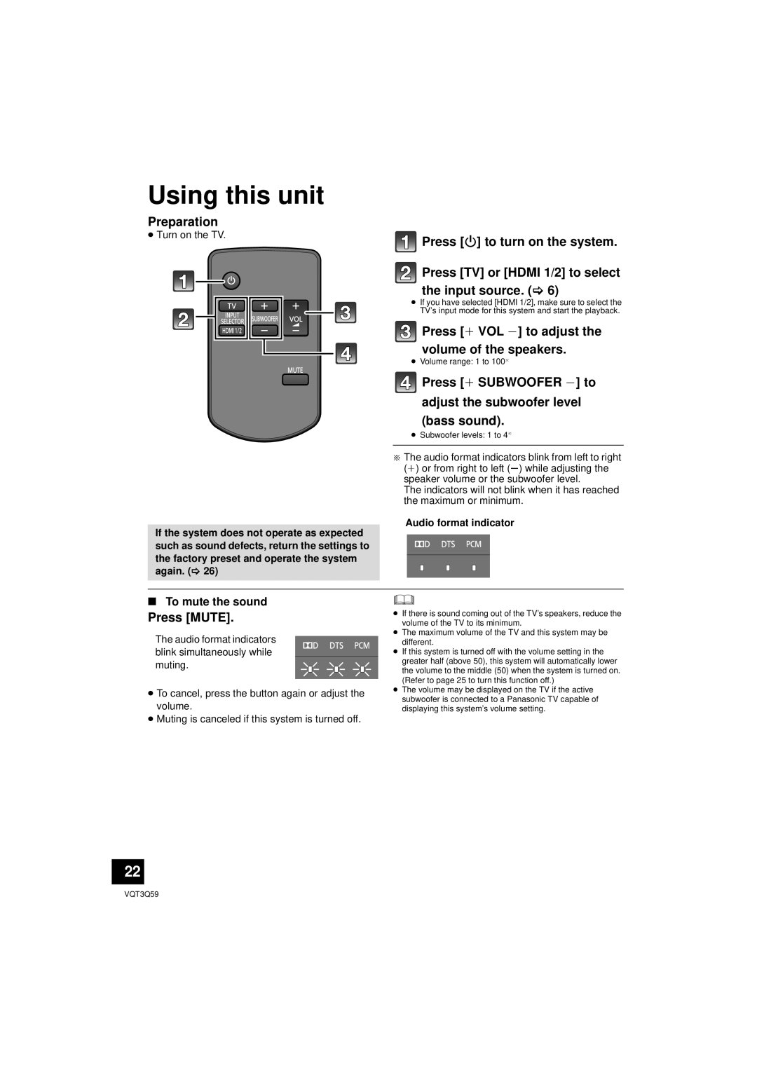 Panasonic SC-HTB15 owner manual Using this unit, Press Í to turn on the system, Press MUTE, Preparation, To mute the sound 