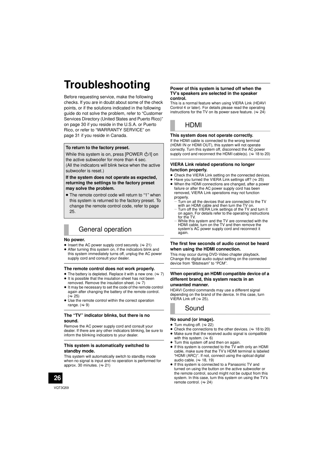 Panasonic SC-HTB15 owner manual Troubleshooting, General operation, Hdmi, Sound, To return to the factory preset, No power 