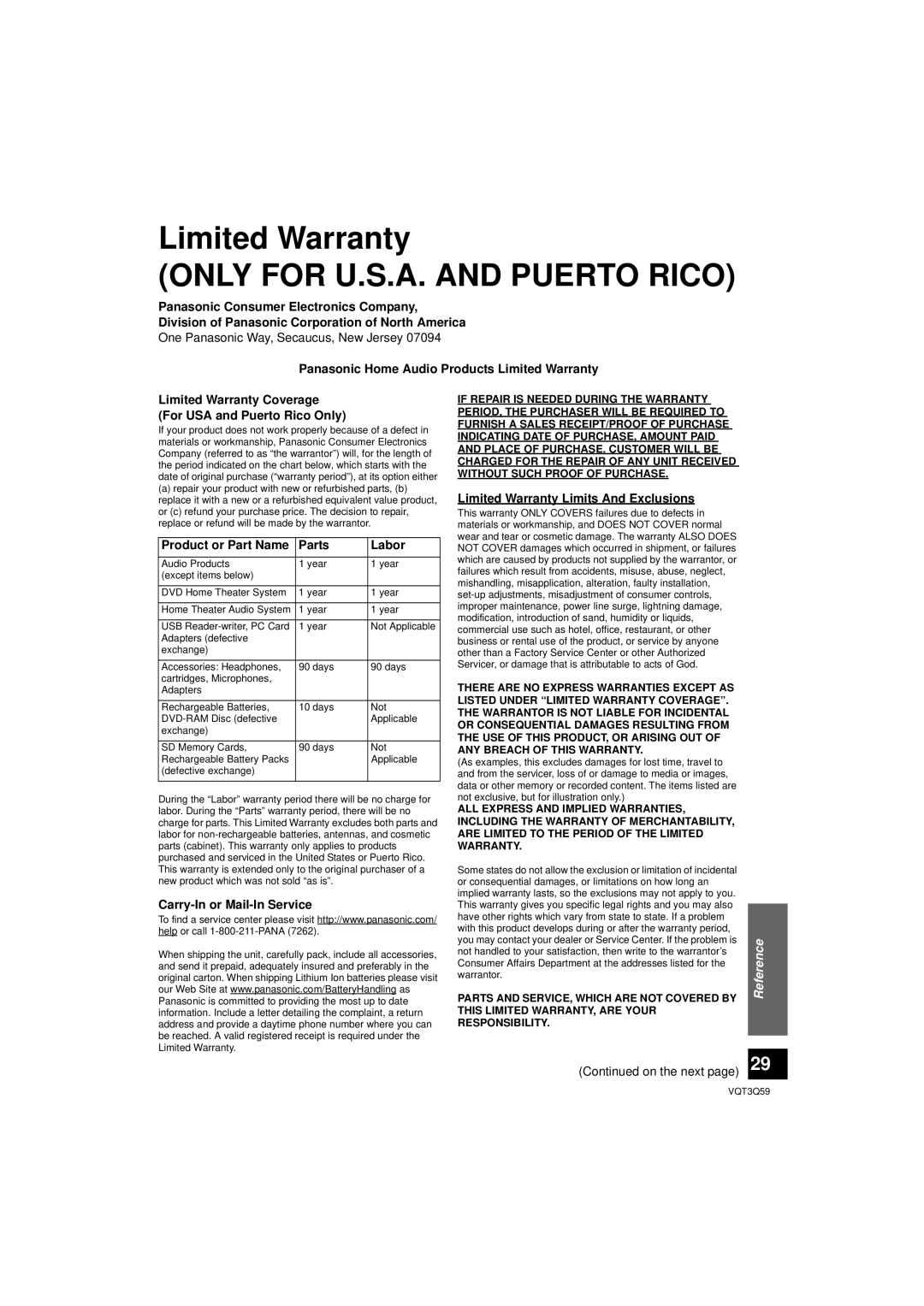 Panasonic SC-HTB15 Limited Warranty ONLY FOR U.S.A. AND PUERTO RICO, Panasonic Consumer Electronics Company, Parts, Labor 