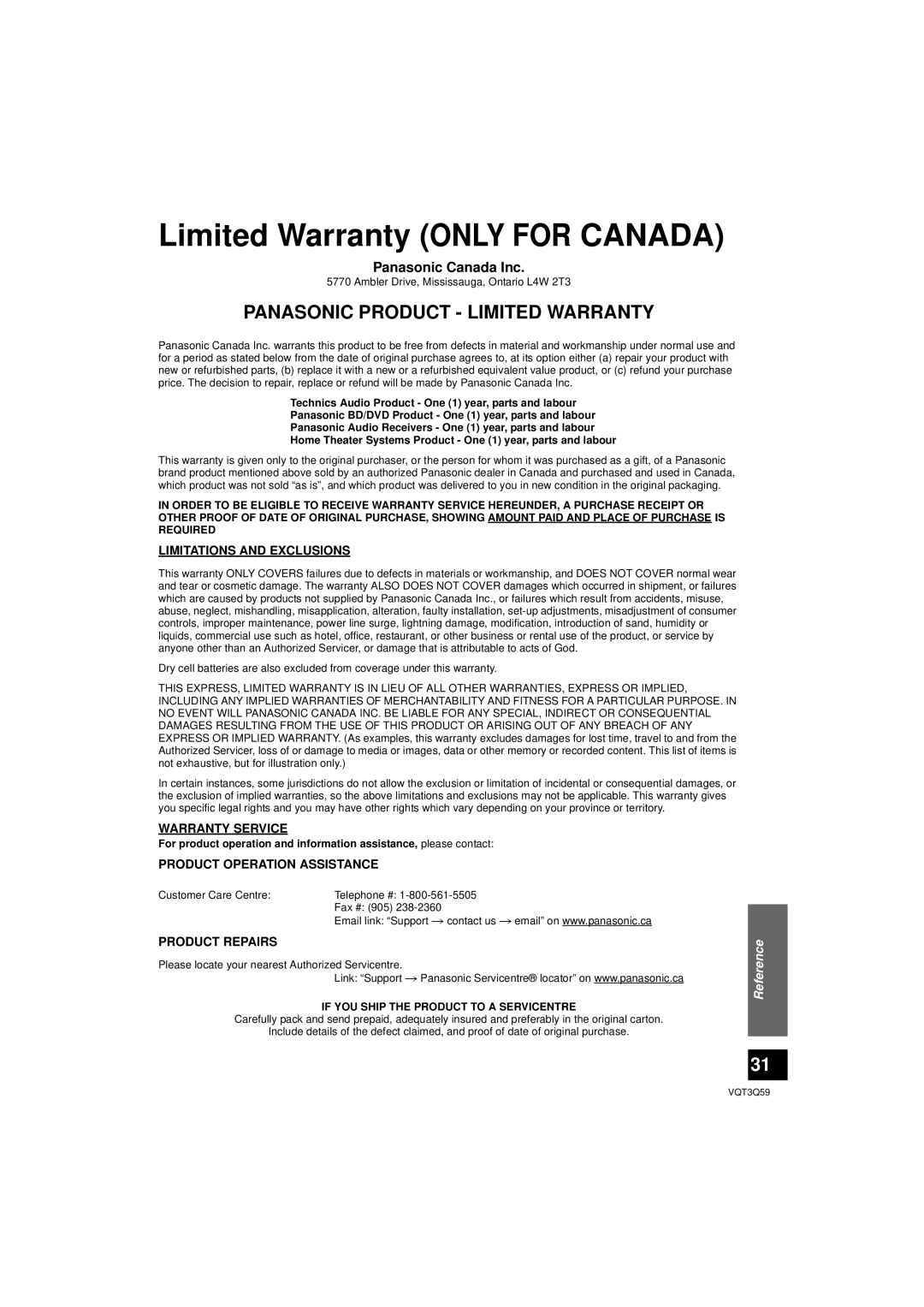 Panasonic SC-HTB15 Panasonic Product - Limited Warranty, Limited Warranty ONLY FOR CANADA, Panasonic Canada Inc, Reference 