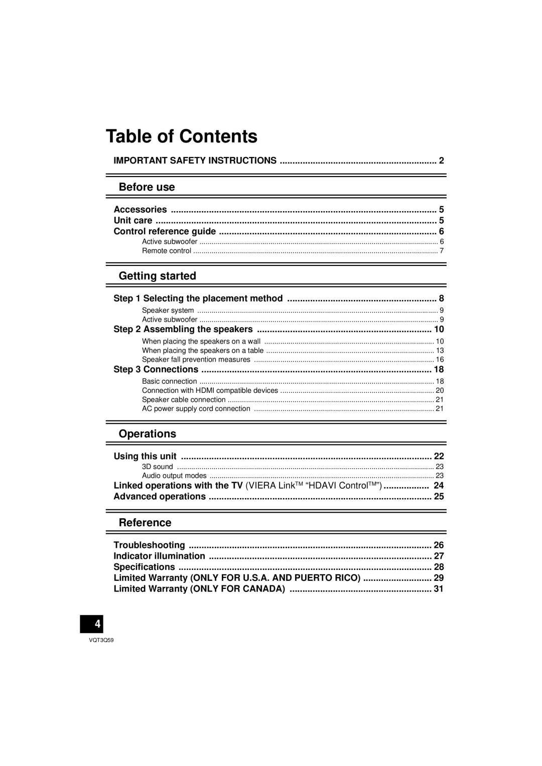 Panasonic SC-HTB15 owner manual Table of Contents, Before use, Getting started, Operations, Reference 