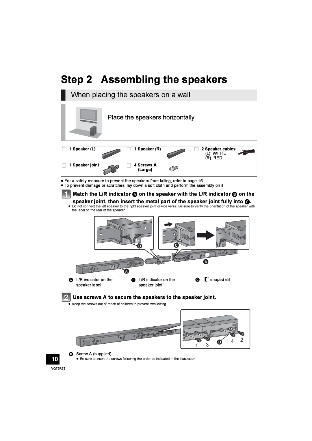 Panasonic SC-HTB15 Assembling the speakers, When placing the speakers on a wall, Place the speakers horizontally, 1 3  