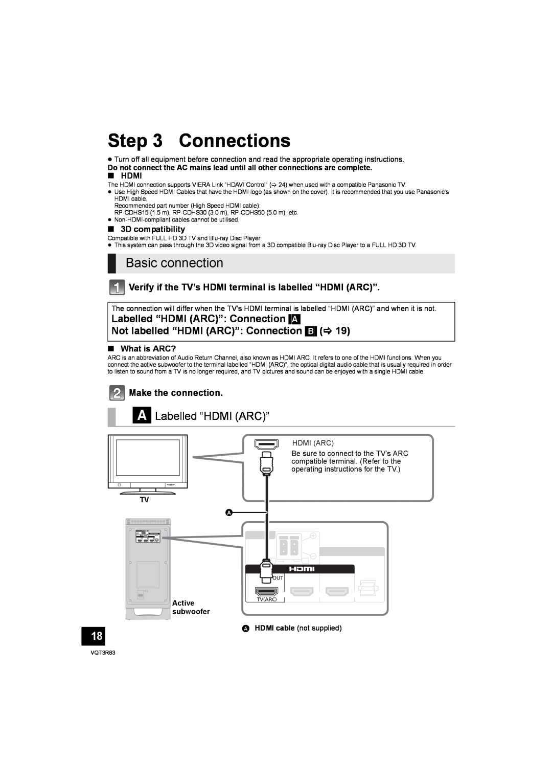 Panasonic SC-HTB15 Connections, Basic connection, A Labelled “HDMI ARC”, Make the connection, Hdmi, 3D compatibility 