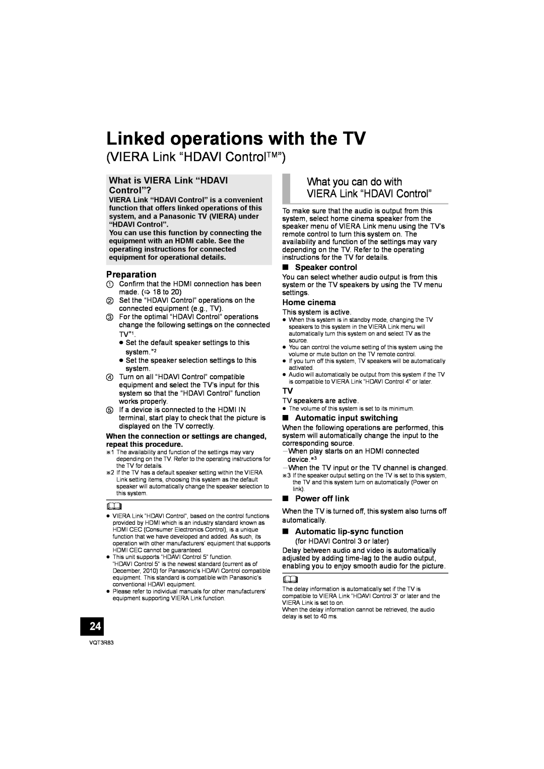 Panasonic SC-HTB15 Linked operations with the TV, VIERA Link “HDAVI ControlTM”, What is VIERA Link “HDAVI Control”? 