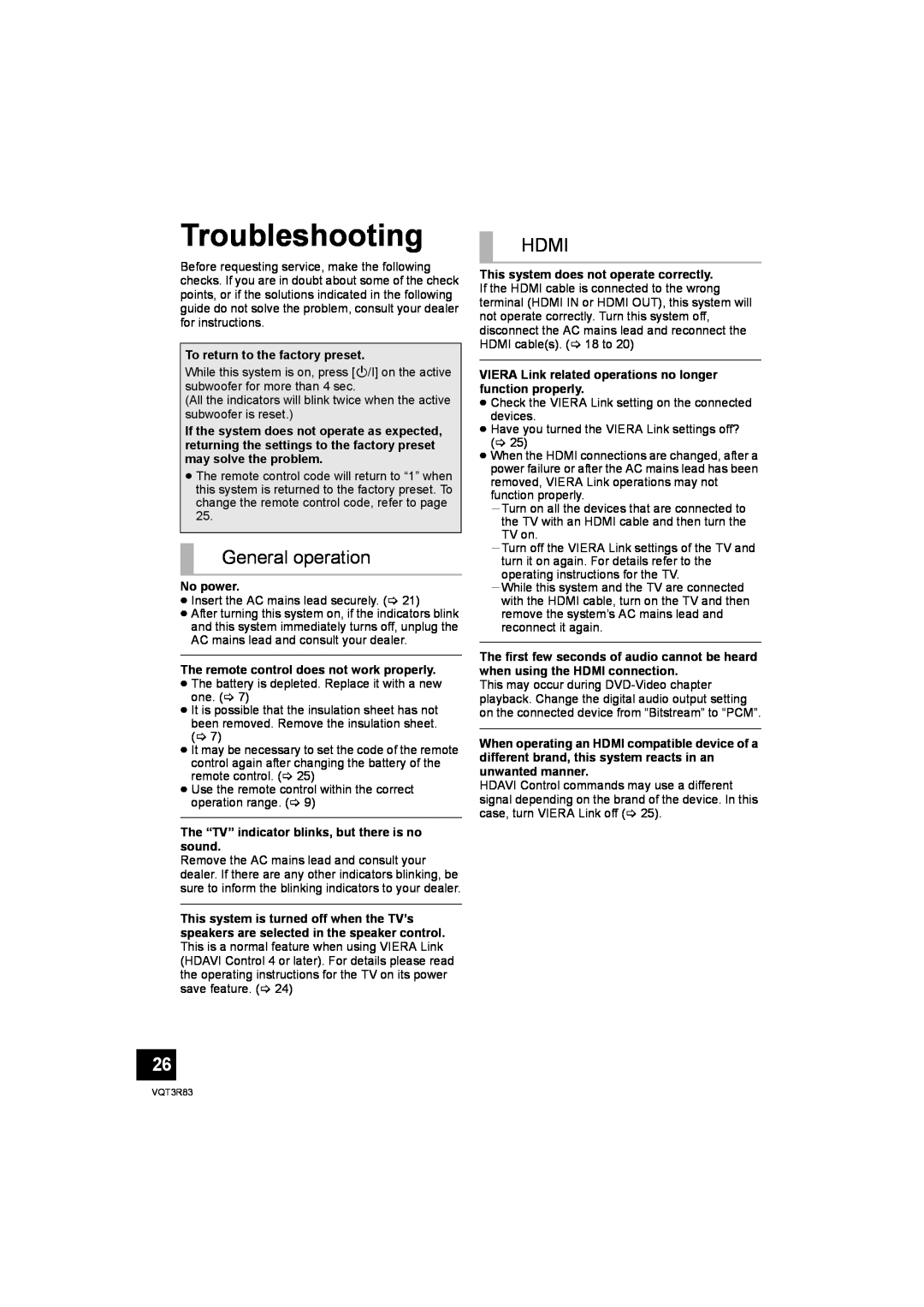 Panasonic SC-HTB15 operating instructions Troubleshooting, General operation, Hdmi 